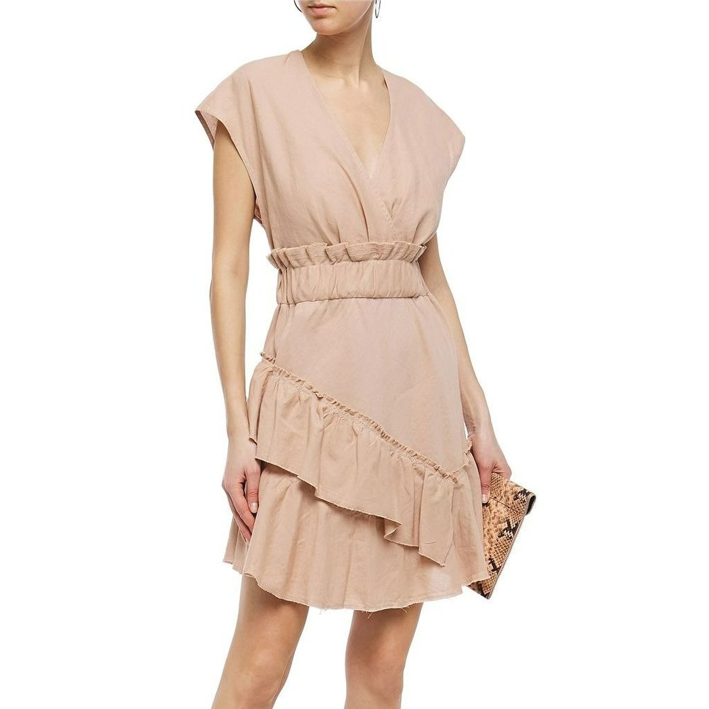 IRO‎ Billow Ruffled Linen Cotton Mini Dress in Sand Cap Sleeve Elastic Waist 36